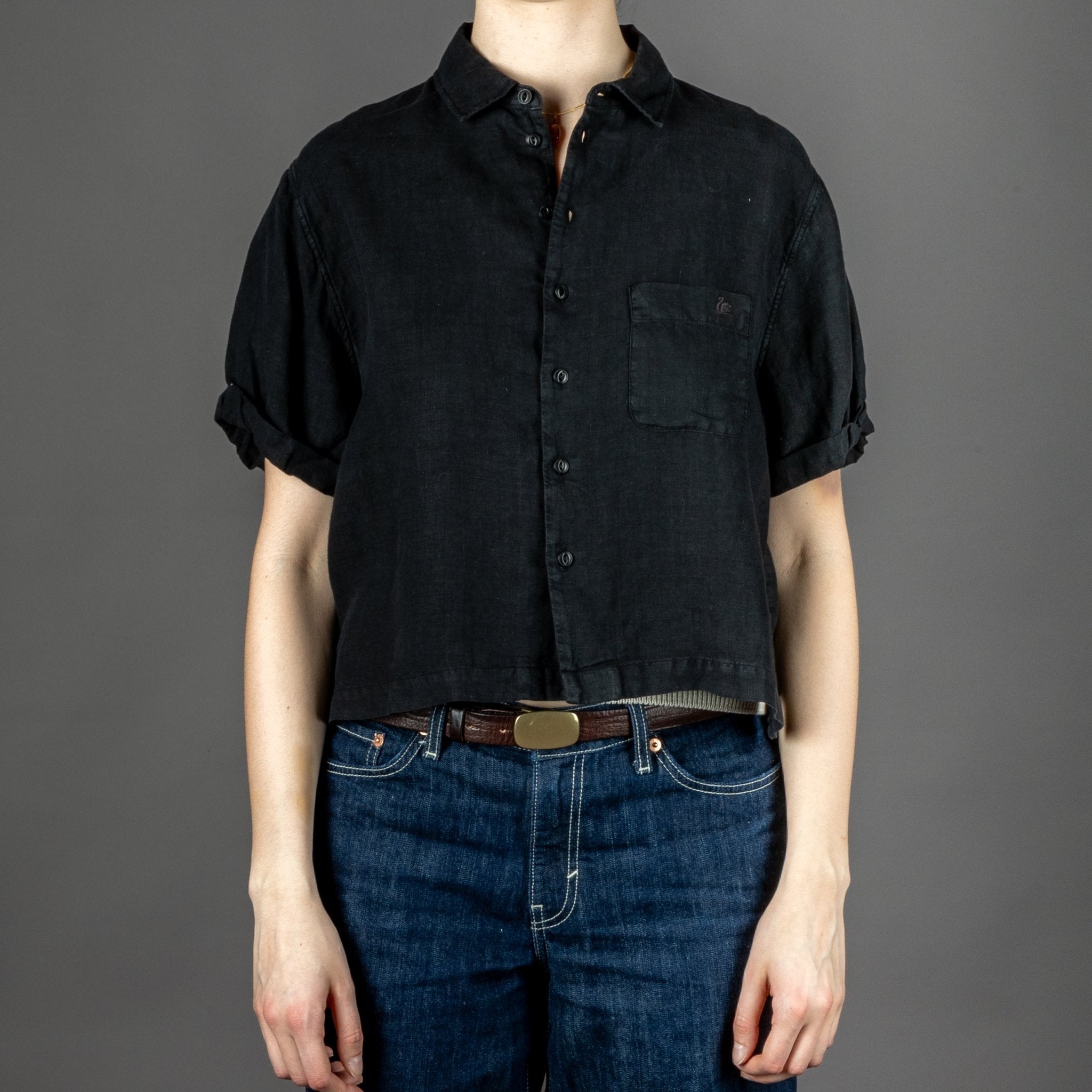 Merz b. SchwanenKurzärmeliges Hemd, Bio - Leinen, Cropped Fit Deep BlackHemdBritish Parts Luzern