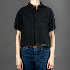 Short-sleeved shirt, organic linen, cropped fit, deep black