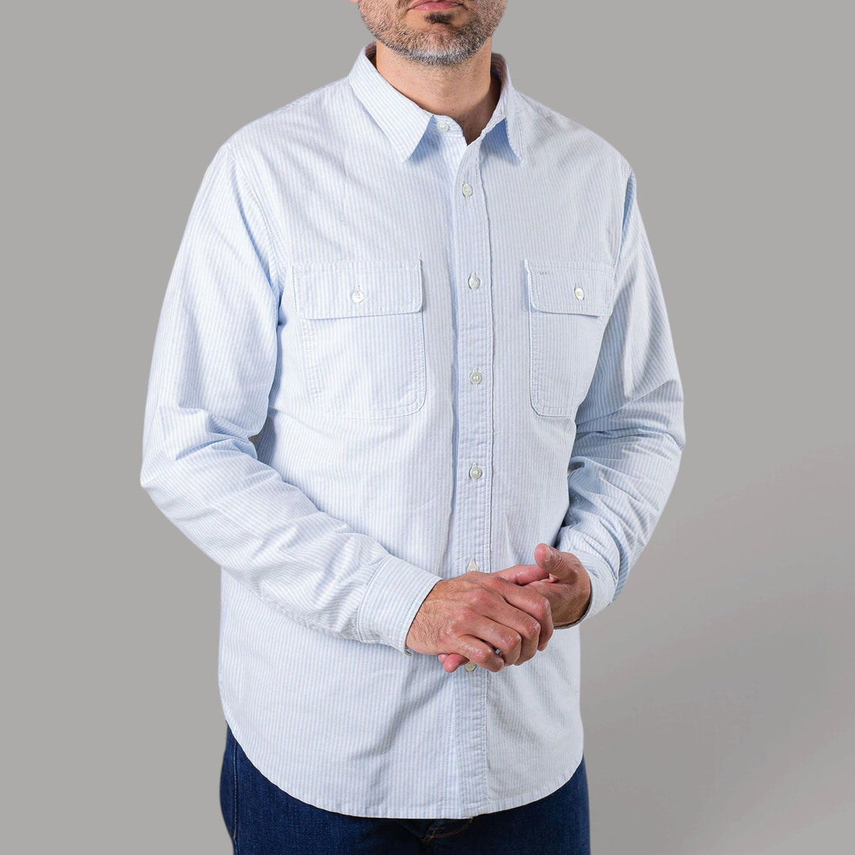 BenzakWorker Shirt, 6 oz., Blue & White Striped Oxford Shirt, British Parts Lucerne