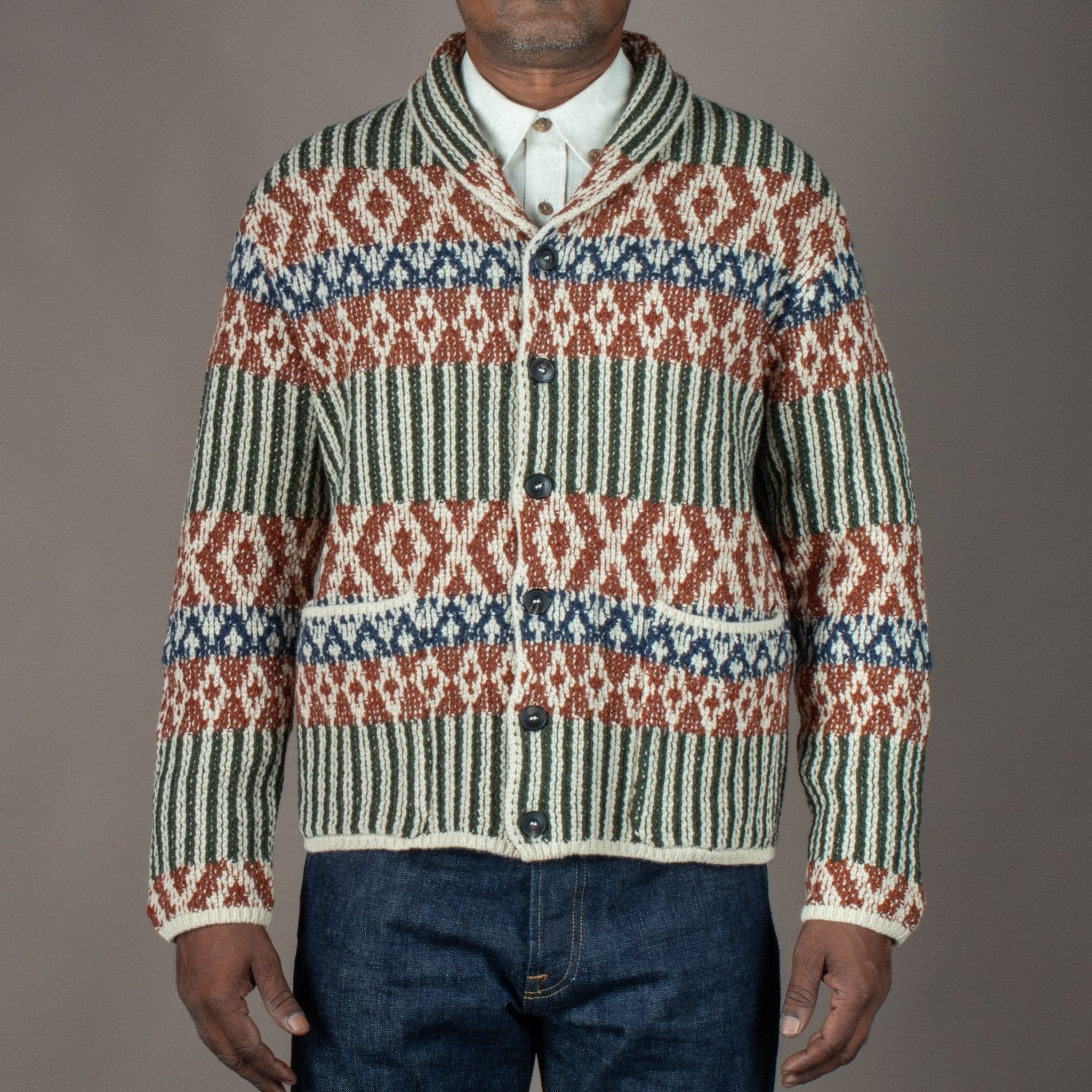 G.R.P.Shawl Collar Cardigan Rust GreenStrickjackeBritish Parts Luzern