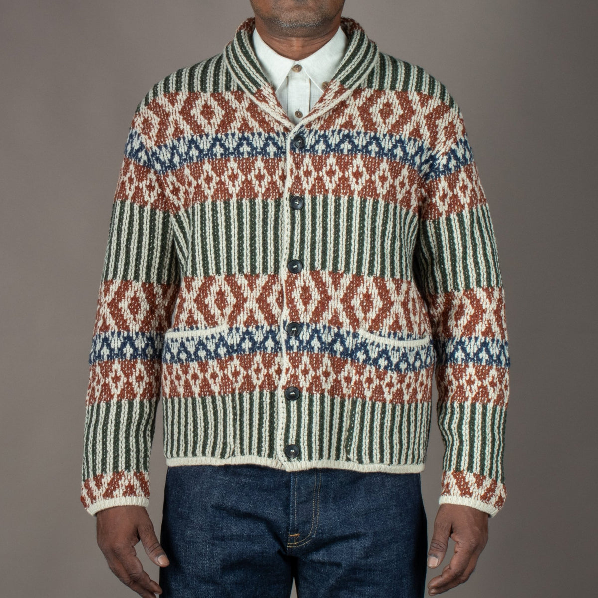 G.R.P.Shawl Collar Cardigan Rust GreenStrickjackeBritish Parts Luzern
