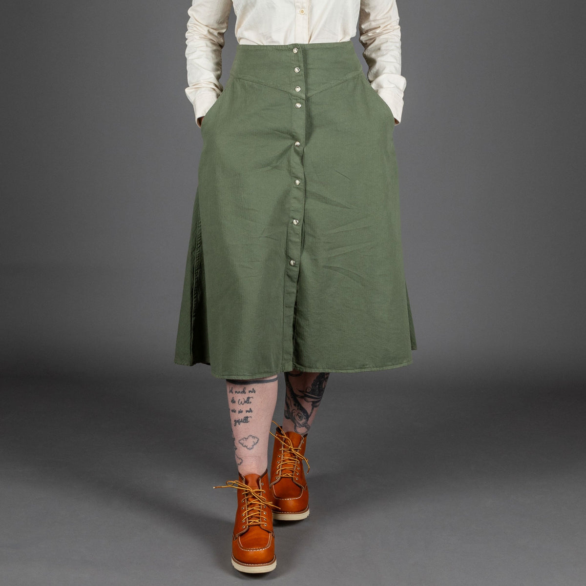 Hen's TeethWomens Skirt Herringbone Military GreenRockBritish Parts Luzern