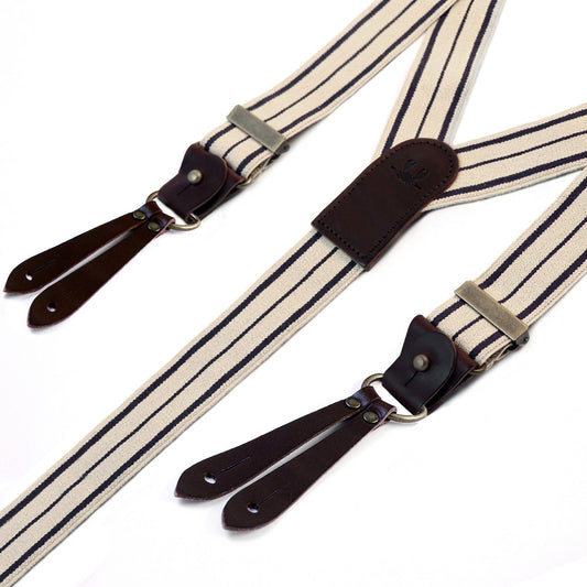 Bertelles suspenders Navy stripe on ecru