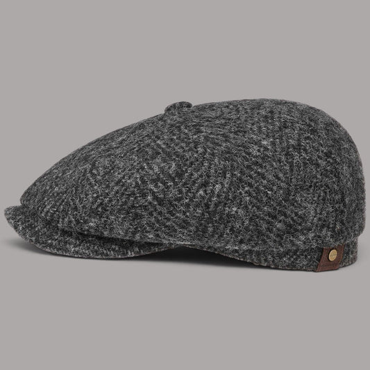 Stetson Hatteras Flat Cap, Herringbone Wool, Dark Gray, Cap, British Parts Lucerne