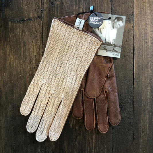 Crocheted car gloves / brown elk leather