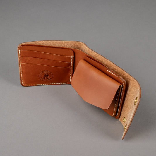 Bifold biker wallet with coin compartment in russet